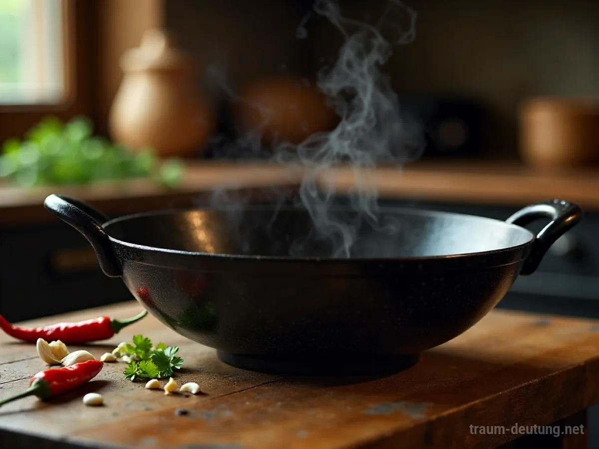Traumdeutung Wok: Ein detaillierter Blick auf einen gusseisernen Wok auf einer Holzoberfläche, umgeben von frischen Zutaten und sanft aufsteigendem Dampf.