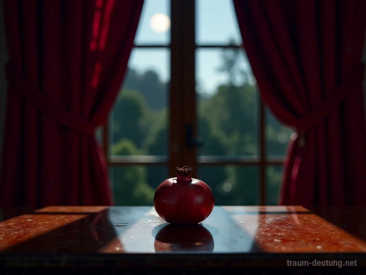 Traumsymbol Wollust: Eine reife, tiefrote Granatapfel liegt auf einem polierten Holztisch in einem schwach beleuchteten Boudoir, beleuchtet von sanftem Mondlicht.