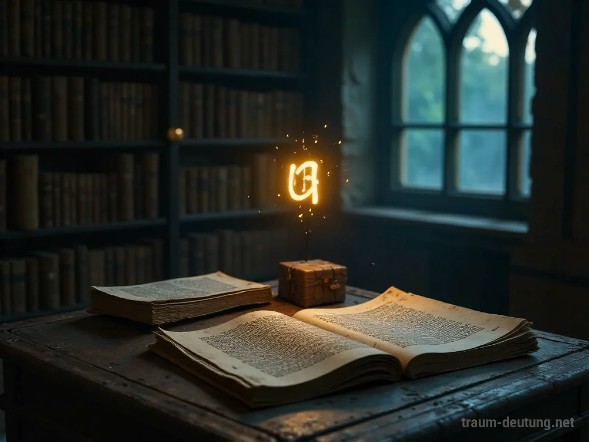 Traumsymbol Wort: Eine einzelne, leuchtende, antike Rune schwebt in einer staubigen Bibliothek und beleuchtet Pergamentrollen und Bücher.