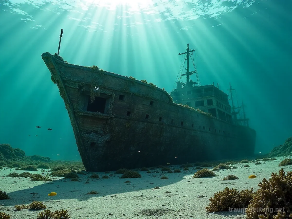 Traumsymbol Wrack: Ein gesunkenes Schiffswrack liegt auf sandigem Meeresboden, bedeckt mit Seepocken und Algen, während Sonnenstrahlen durch das Wasser fallen.