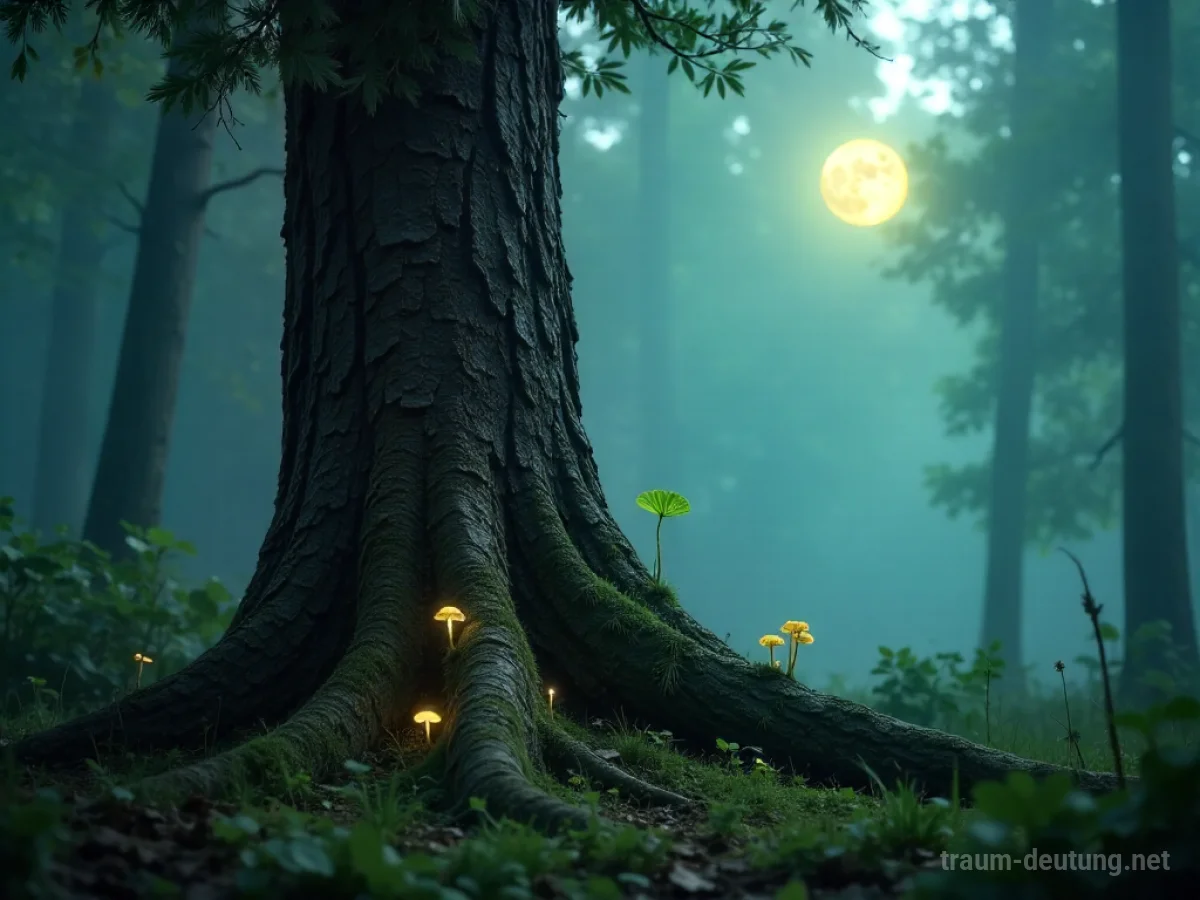 Traumsymbol Wuchs: Ein alter Baumstamm mit sichtbarem Austrieb von jungen Trieben in einem nebligen Wald, beleuchtet von Mondlicht und Pilzen.