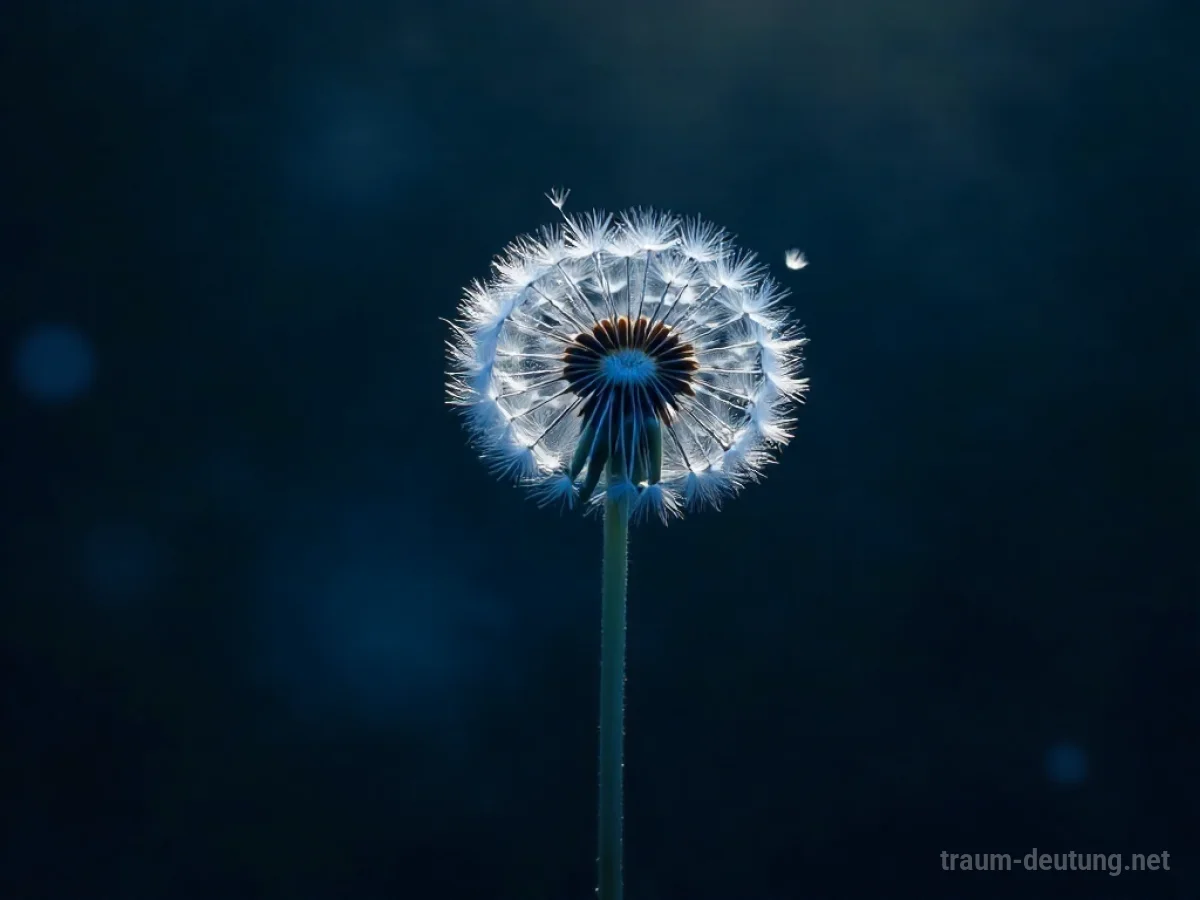 Traumsymbol Wunsch: Ein einzelner, zarter Löwenzahnsamenkopf schwebt im sanften Mondlicht in einer dunklen, verträumten Landschaft.