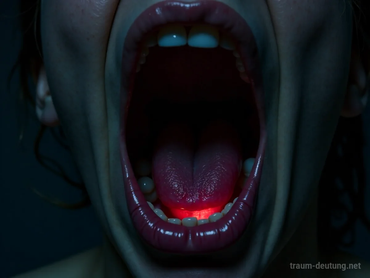 Traumsymbol Würgen: Eine beklemmende, hyperrealistische Ansicht des Inneren eines von einem dunklen Schatten verengten menschlichen Halses, beleuchtet von gedämpftem Licht.