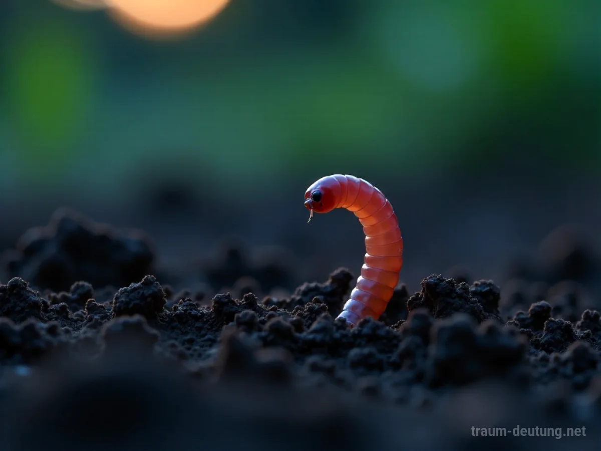 Traumsymbol Wurm: Ein schmaler, segmentierter Wurm gräbt sich aus feuchter Erde, beleuchtet von sanftem Dämmerlicht in einer introspektiven Atmosphäre.