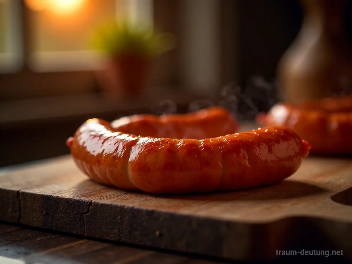 Traumsymbol Wurst: Eine einzelne, glänzende Bratwurst liegt auf einem rustikalen Holzbrett, beleuchtet von warmem Abendlicht.
