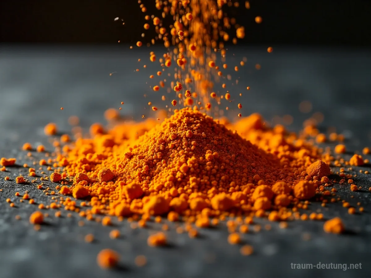 Traumsymbol Würzen: Verschiedene bunte Gewürze wie Paprika, Kurkuma und Kreuzkümmel werden über eine dunkle, strukturierte Oberfläche gestreut, beleuchtet von weichem, warmem Licht.