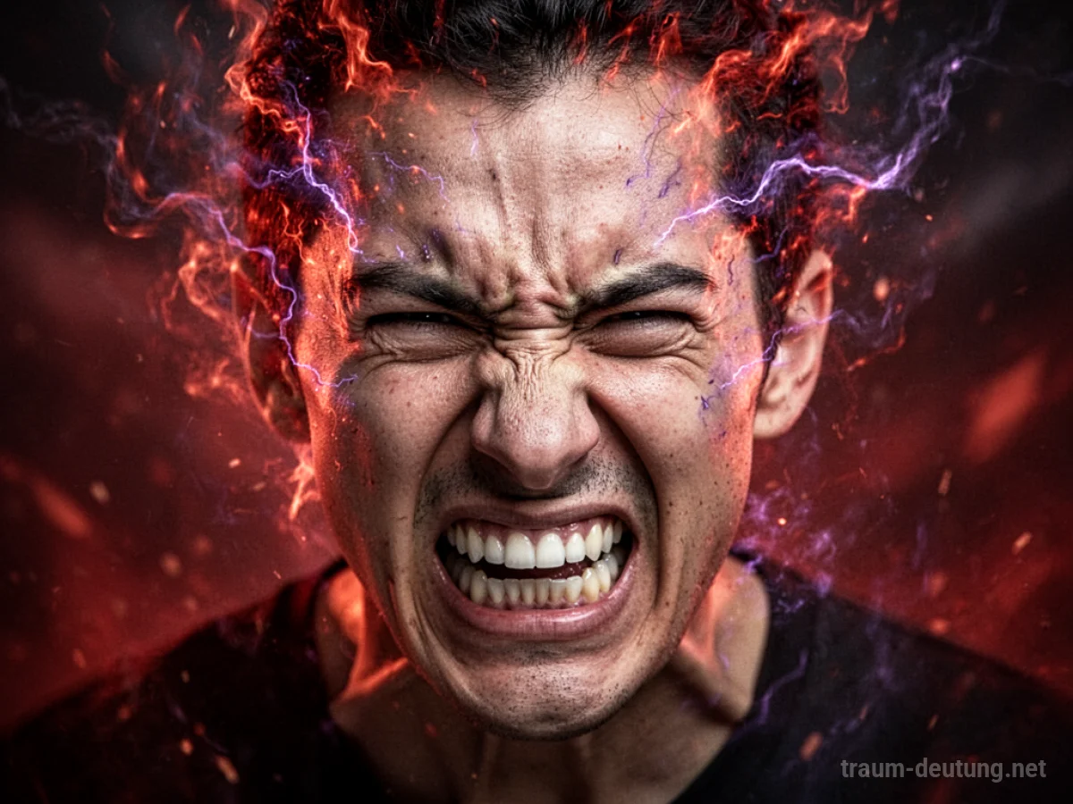 Traumsymbol Wut: Ein Gesicht verzerrt sich in extremer Wut, umgeben von züngelnder roter und violetter Energie vor einem chaotischen, dunklen Hintergrund.