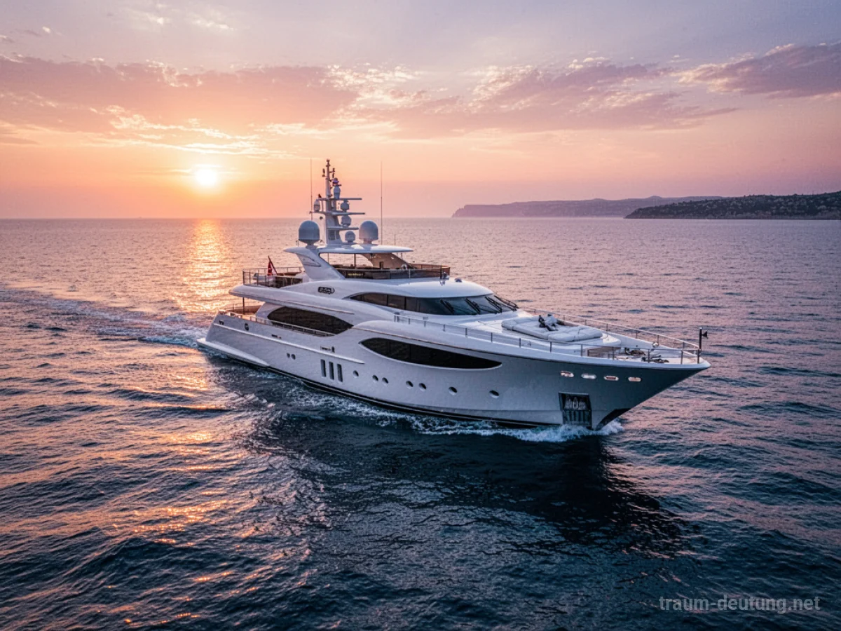 Traumdeutung Yacht: Eine luxuriöse, glänzende weiße Yacht segelt auf einem ruhigen, tiefblauen Ozean bei Sonnenuntergang.