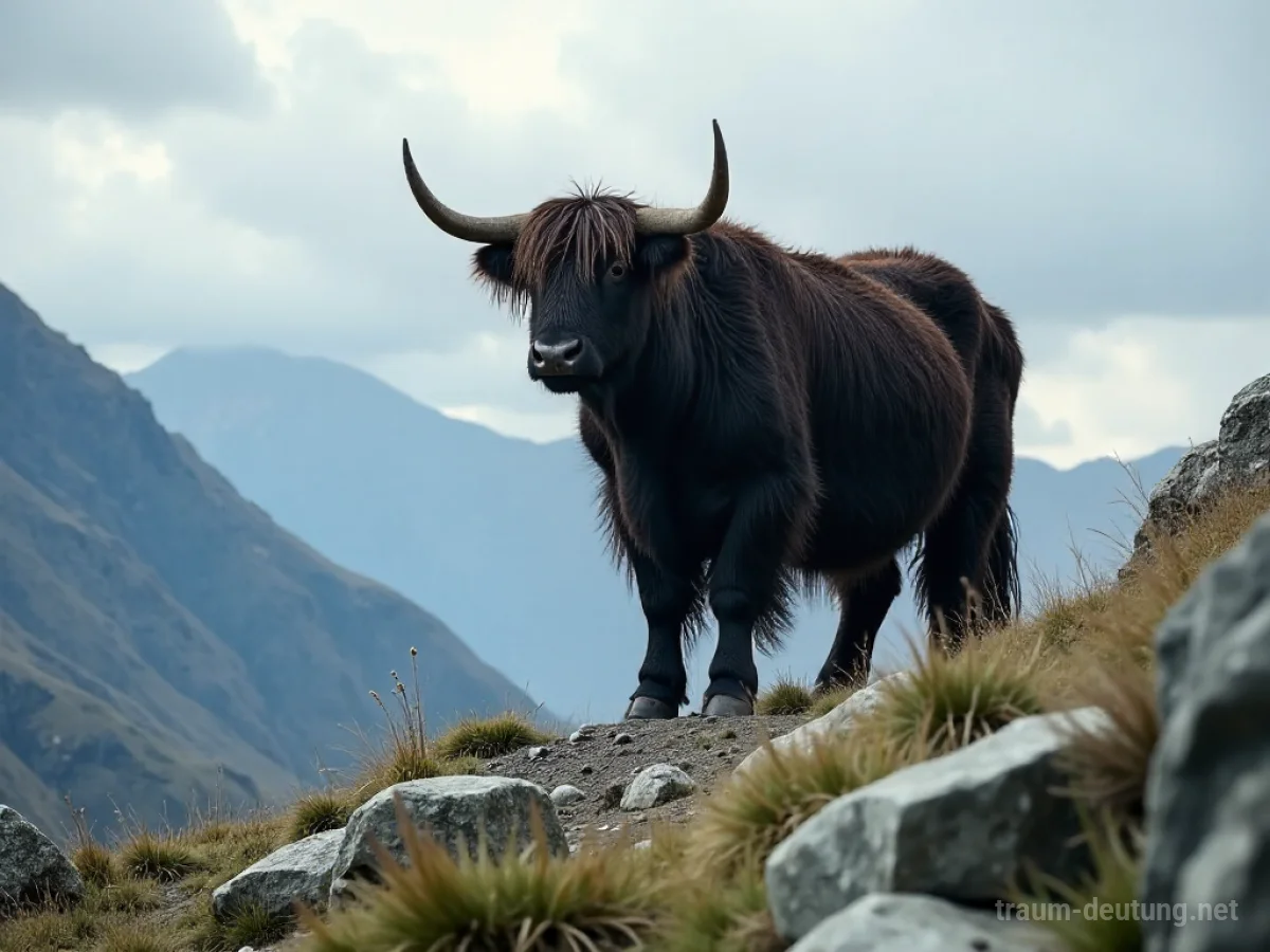 Traumsymbol Yak: Ein majestätischer, zotteliger Yak steht stoisch auf einem felsigen Gebirgspass unter einem dramatischen Himmel, umgeben von spärlichem Gras und grauen Steinen.
