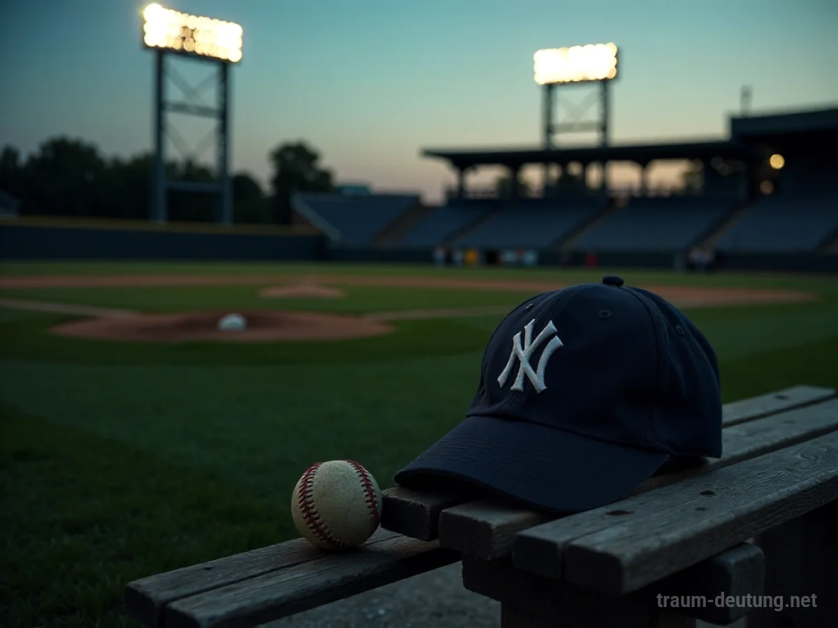 Traumdeutung Yankee: Eine abgenutzte New York Yankees-Baseballkappe liegt auf einer Parkbank im Abendlicht eines leeren Baseballstadions.