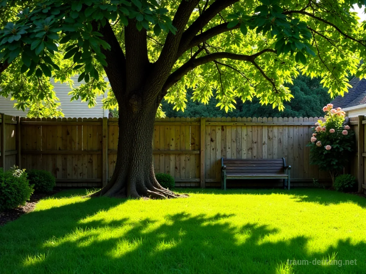 Traumsymbol Yard: Ein sonniger, gepflegter Hinterhof mit sattgrünem Rasen, einem alten Eichenbaum und einer Holzumzäunung, der Geborgenheit und persönliches Wachstum symbolisiert.