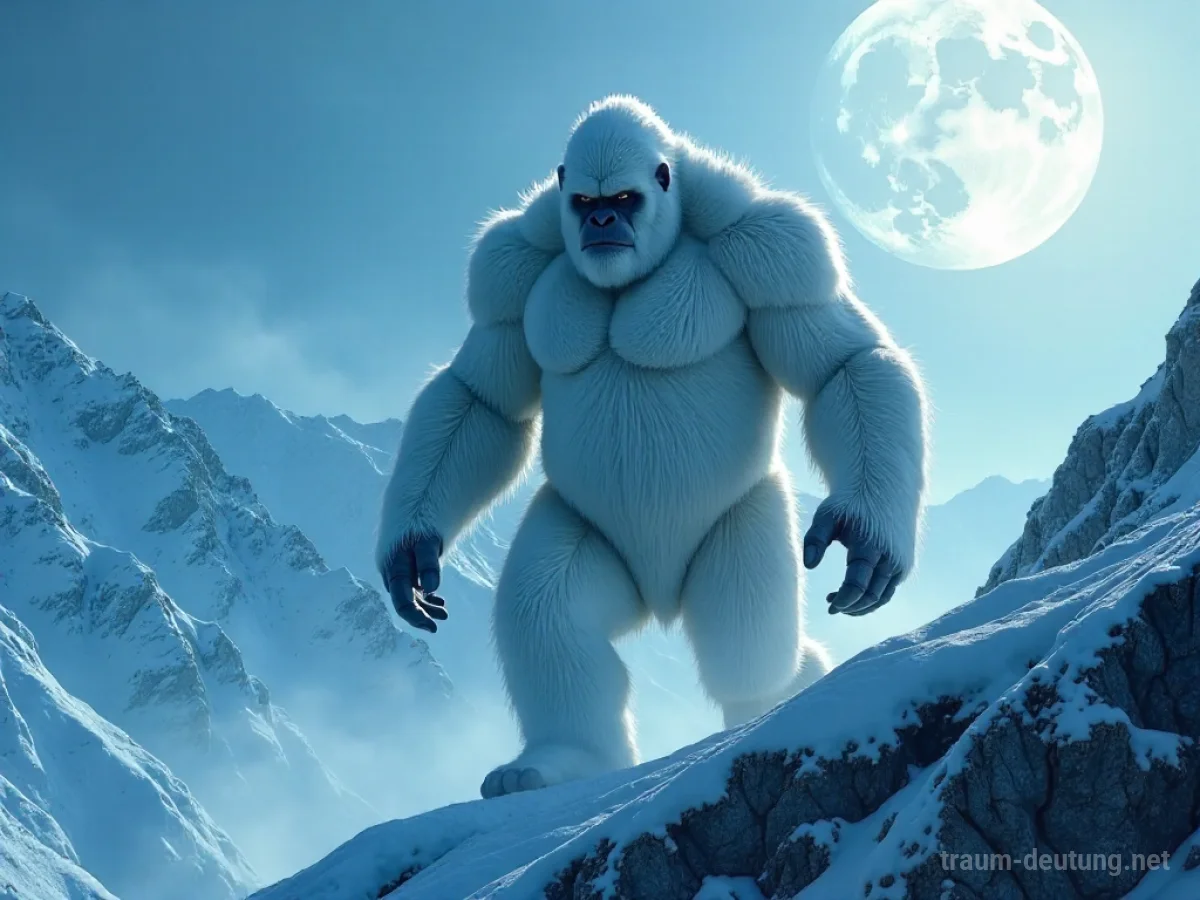 Traumsymbol Yeti: Eine riesige, affenähnliche Kreatur mit dichtem weißem Fell steht auf einem schneebedeckten Berggipfel im Mondlicht.