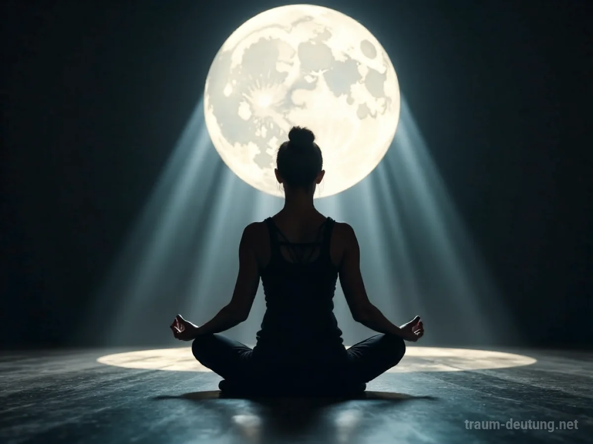 Traumdeutung Yoga: Eine Frau in der Lotus-Pose meditiert im sanften Mondlicht auf einem dunklen Steinboden, umgeben von feinem Nebel.