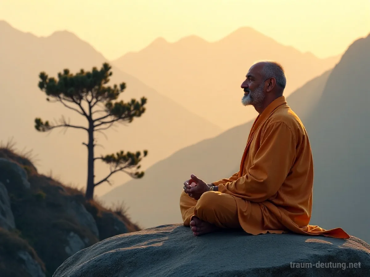 Traumsymbol Yogi: Ein Mann in safrangelber Robe meditiert in Lotusposition auf einem Felsen vor nebelverhangenen Bergen im sanften Licht der Morgendämmerung.