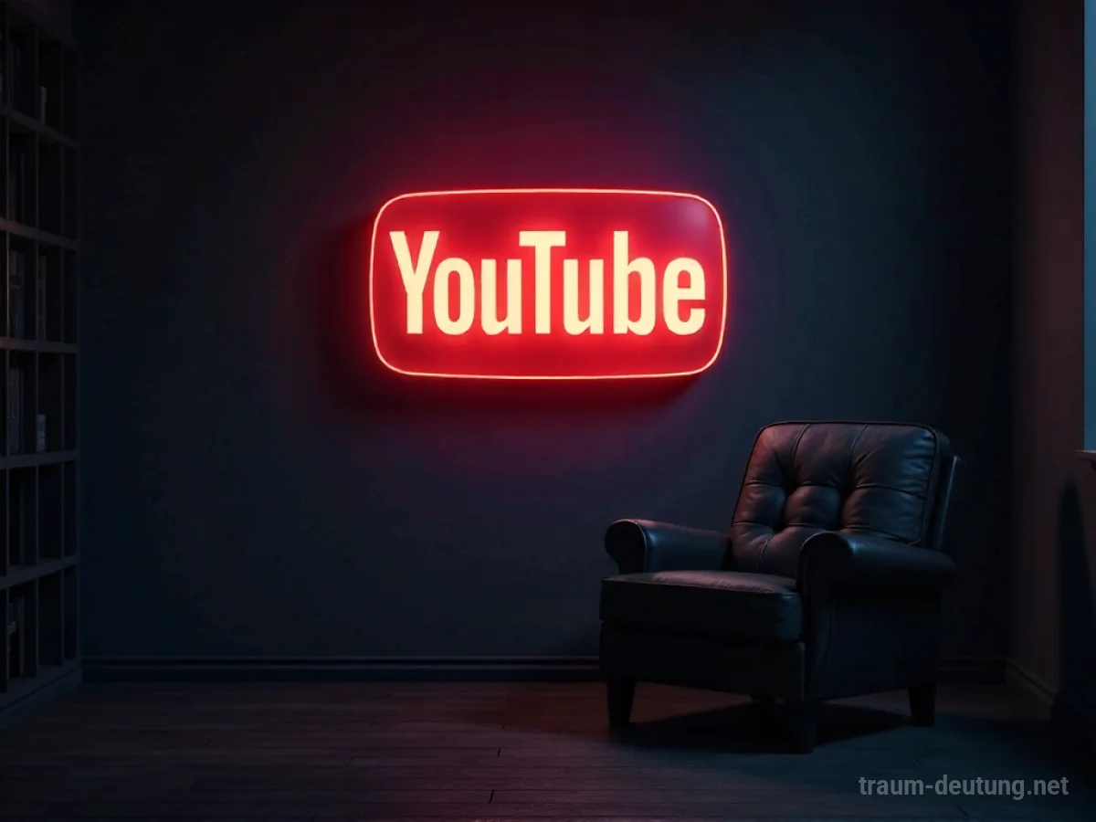 Traumdeutung Youtube: Ein leuchtendes YouTube-Logo hängt an einer dunklen Wand in einem schattigen Raum, umgeben von Staubpartikeln im Schein.