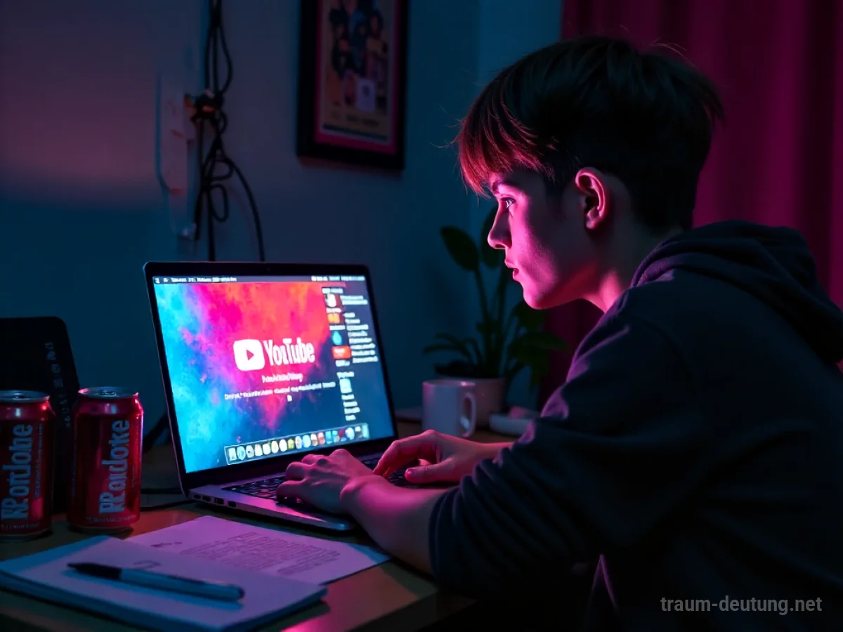 Traumsymbol Youtuber: Eine junge Person sitzt in einem dunklen Raum, beleuchtet vom Schein eines Laptop-Bildschirms mit YouTube-Oberfläche, während Notizen und leere Getränkedosen den Schreibtisch bedecken.
