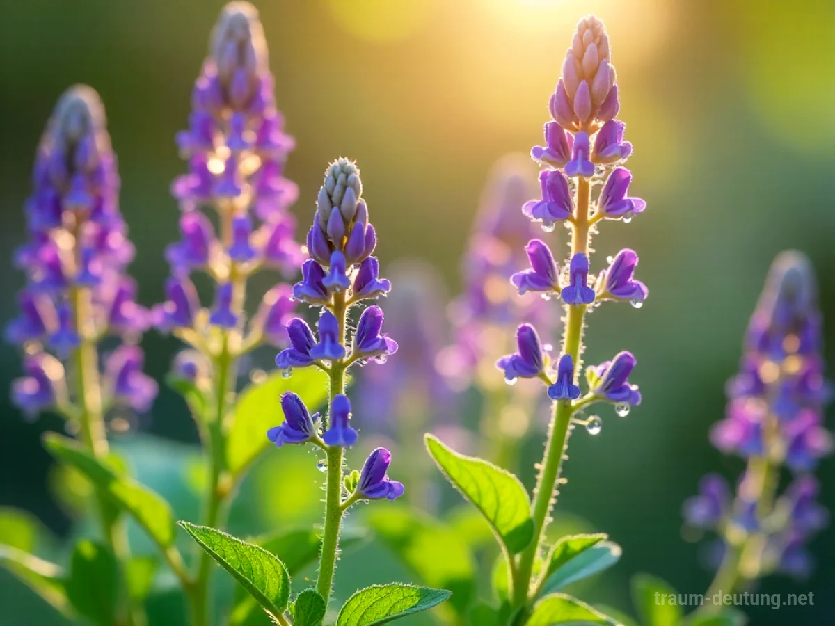 Traumsymbol Ysop: Frische Ysop-Pflanzen mit violetten Blüten und Tautropfen im sanft beleuchteten Garten.