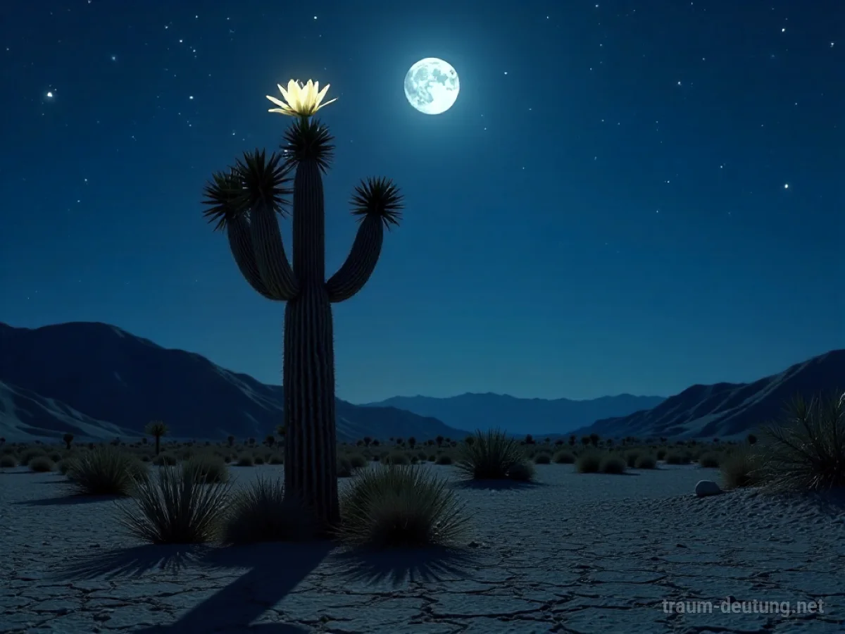 Traumsymbol Yucca: Eine majestätische Yucca-Pflanze wächst unter einem klaren Sternenhimmel in einer trockenen Wüstenlandschaft, beleuchtet von Mondlicht.