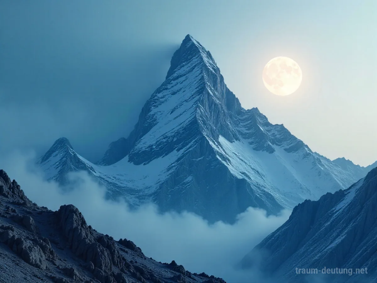 Traumsymbol Zacke: Eine scharfe, gezackte Bergspitze ragt durch dichten Nebel, beleuchtet von blassem Mondlicht.