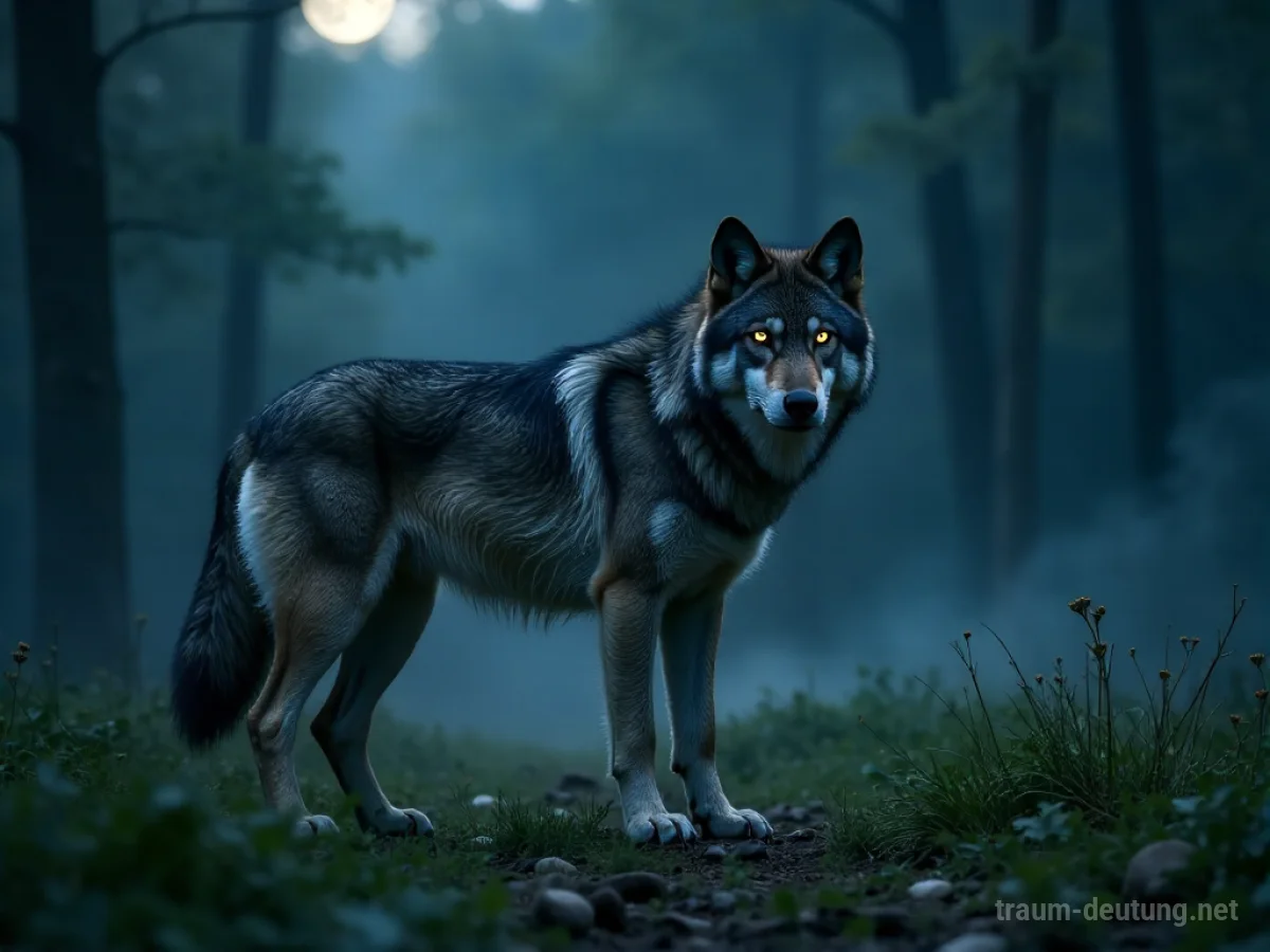 Traumsymbol Zähmung: Ein einzelner Wolf mit silbrigem Fell steht ruhig in einer mondbeschienenen Lichtung, seine bernsteinfarbenen Augen leuchten sanft.