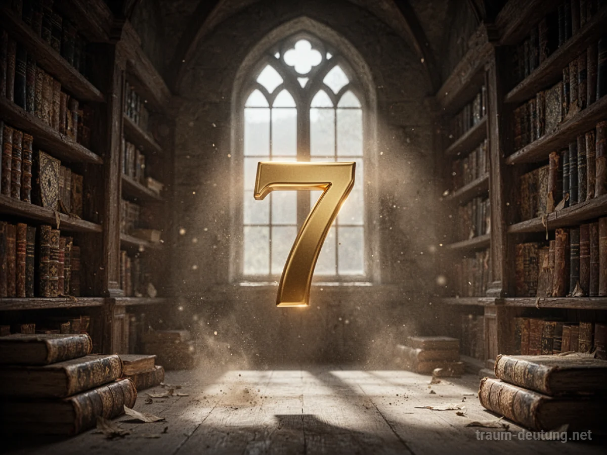 Traumsymbol Zahl: Eine leuchtende goldene Ziffer '7' schwebt in einer dunklen, antiken Bibliothek, beleuchtet von Mondlichtstrahlen, die durch ein Fenster fallen.