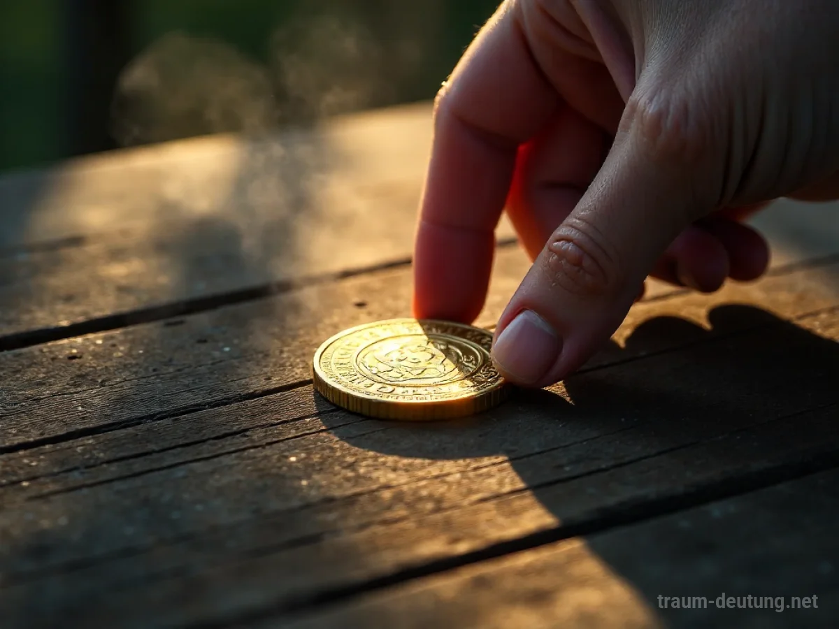 Traumsymbol Zahlung: Eine Hand legt eine glänzende Goldmünze mit fremden Symbolen auf einen dunklen Holztisch im Kerzenlicht.