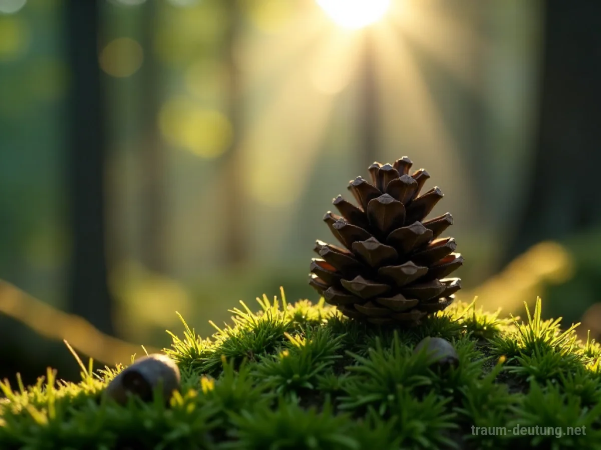 Traumsymbol Zapfen: Ein einzelner, perfekter Kiefernzapfen liegt auf moosbewachsenem Waldboden, beleuchtet von gefiltertem Sonnenlicht.