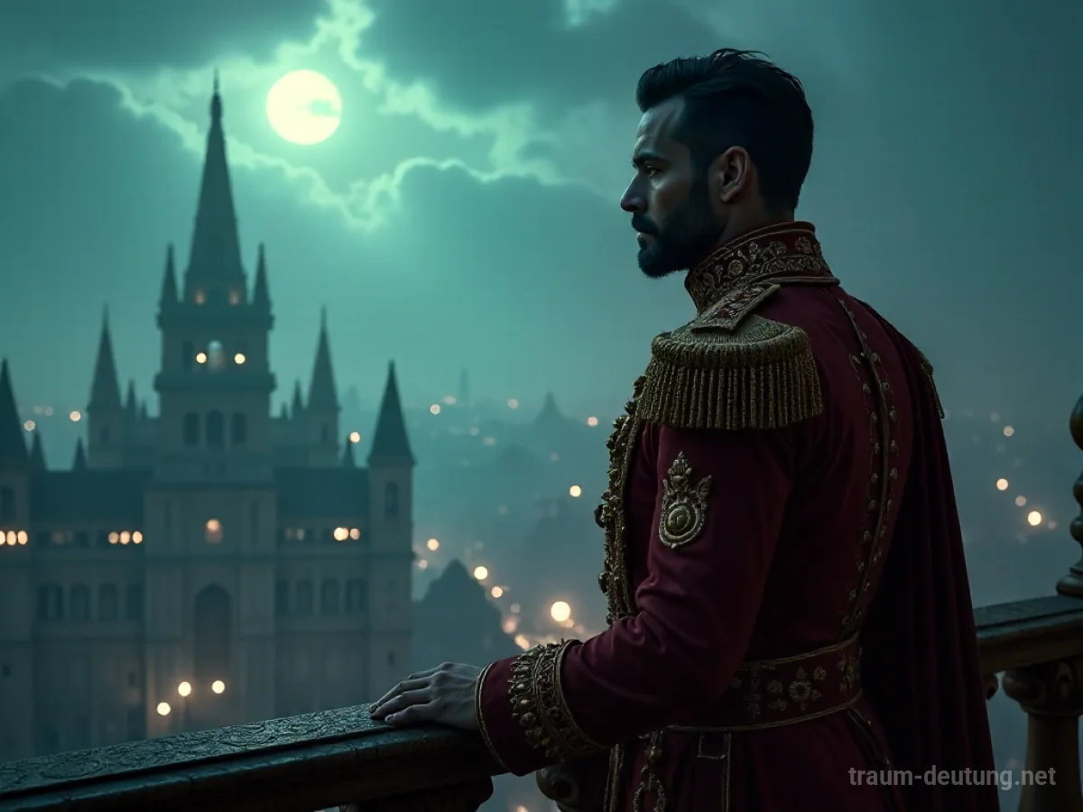 Traumdeutung Zar: Eine majestätische Figur des Zaren steht auf einem nebelverhangenen Balkon über einer antiken Stadt im Mondlicht.