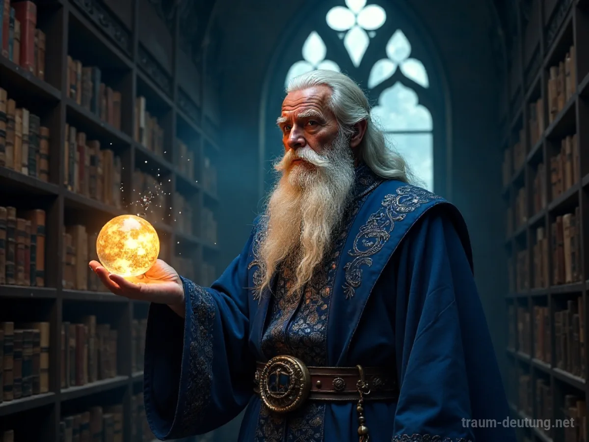 Traumdeutung Zauberer: Ein weiser, alter Zauberer mit Bart und blauer Robe hält einen leuchtenden Orb in einer mondbeschienenen Bibliothek voller Bücher.