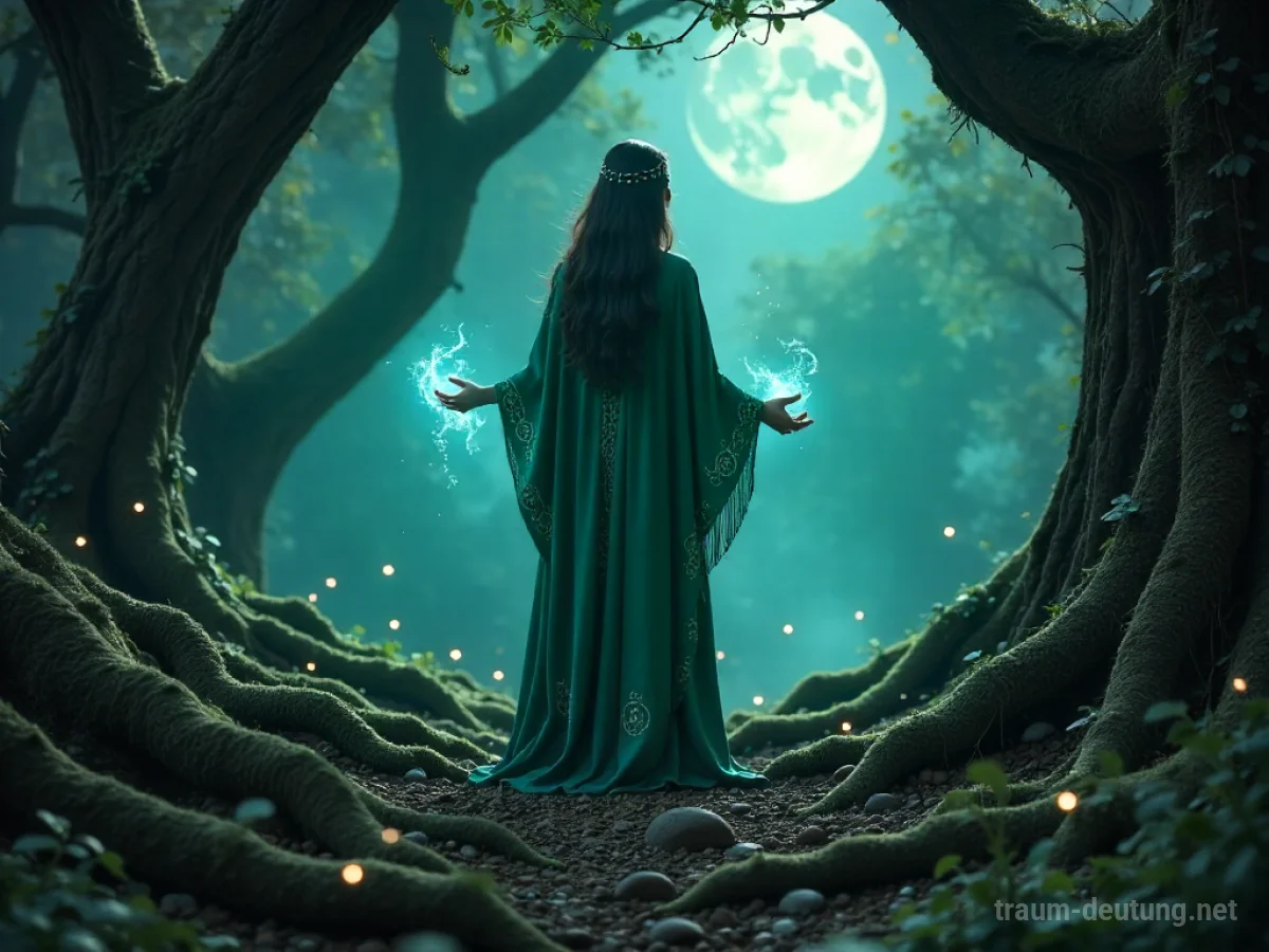 Traumsymbol Zauberin: Eine mysteriöse Zauberin mit langen dunklen Haaren und einem Smaragd-Gewand steht in einem mondbeschienenen Waldlichtung und lässt einen sanften blauen Schein aus ihren Händen aufsteigen.