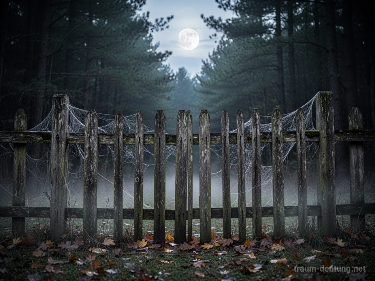 Traumsymbol Zaun: Ein verwitterter Holzzaun steht im Mondlicht vor einem dunklen Wald, umgeben von Nebel und Spinnweben.