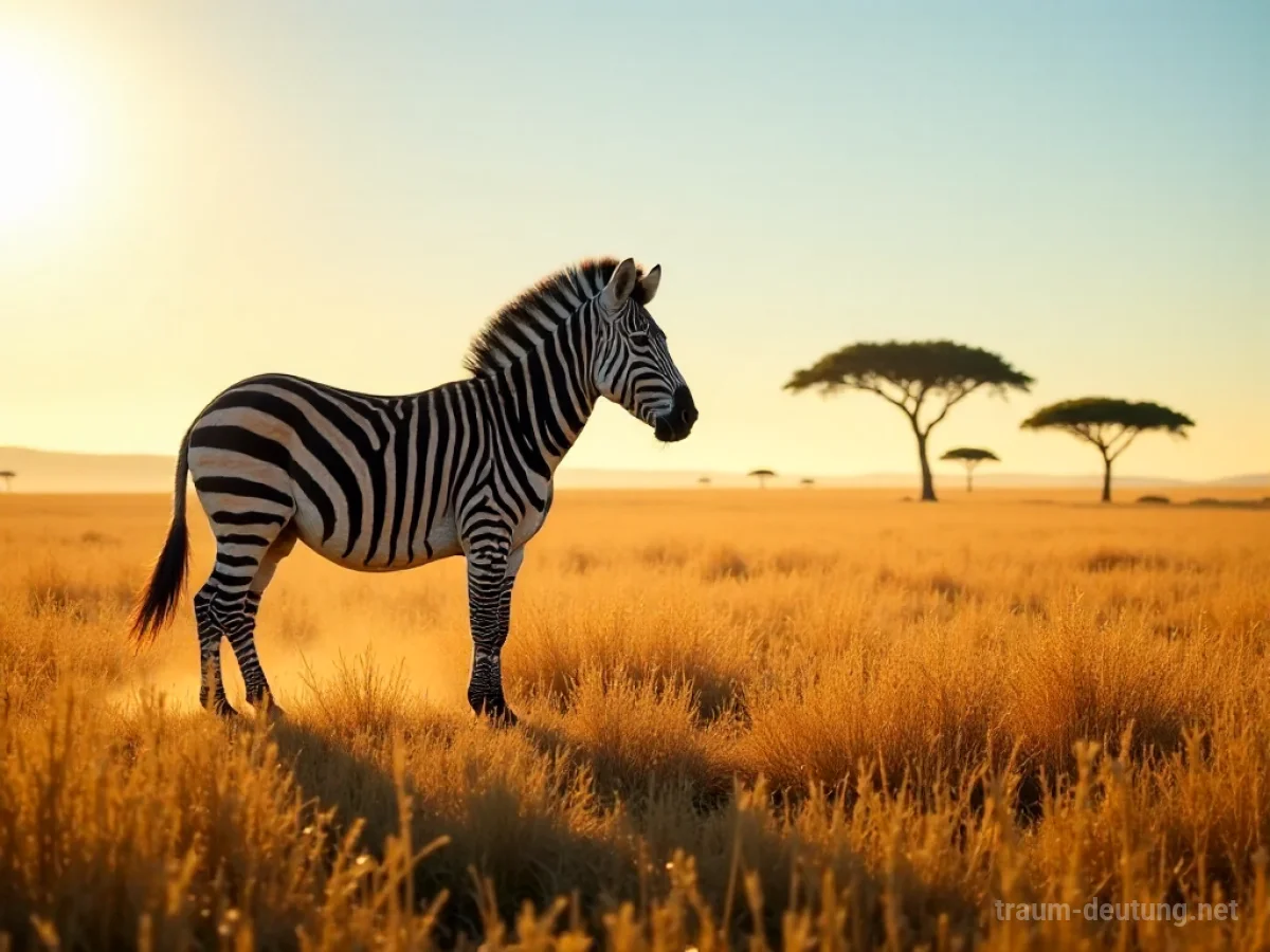 Traumsymbol Zebra: Ein einzelnes Zebra steht auf einer weiten, sonnenverwöhnten Savanne mit trockenem, goldenem Gras und scharf definierten Streifen im warmen, filmischen Licht.