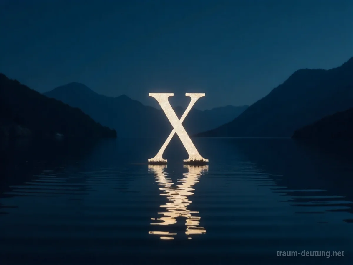 Traumsymbol Zehn: Eine leuchtende römische Zahl X schwebt über einem dunklen See unter Mondlicht.