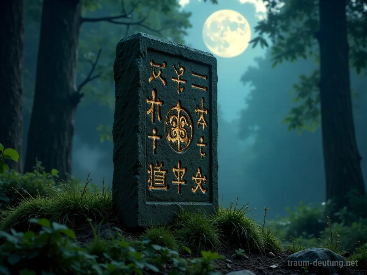 Traumsymbol Zeichen: Eine alte Steintafel mit leuchtenden Symbolen steht in einem mystischen Wald unter Mondlicht.