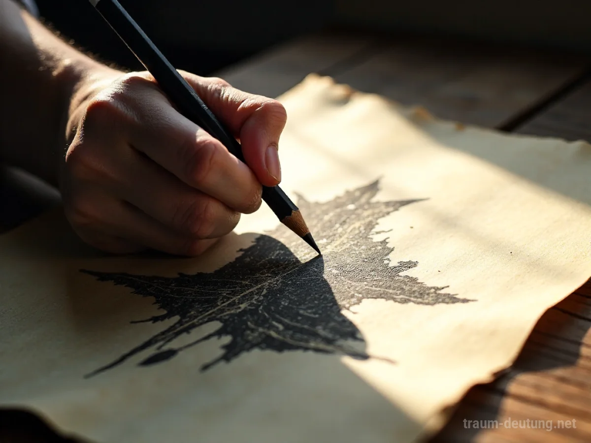 Traumdeutung Zeichnen: Eine Hand hält einen Kohlebleistift und skizziert eine fantastische Landschaft auf altem Pergament, beleuchtet von einem sanften Spotlight.