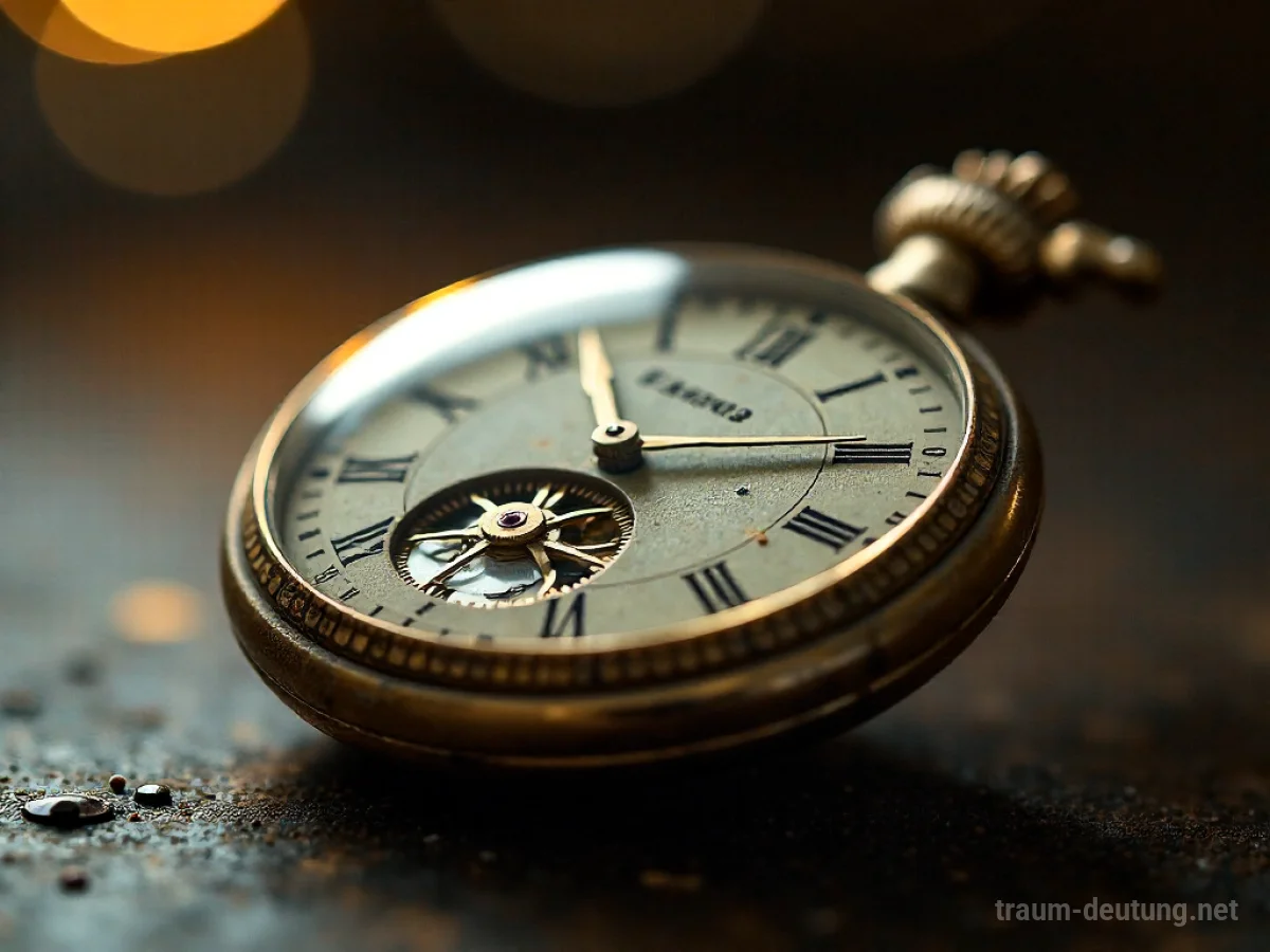 Traumdeutung Zeitlupe: Eine antike Taschenuhr in Nahaufnahme, deren Zahnräder in der Zeit eingefroren scheinen, umgeben von warmem, verschwommenem Licht.