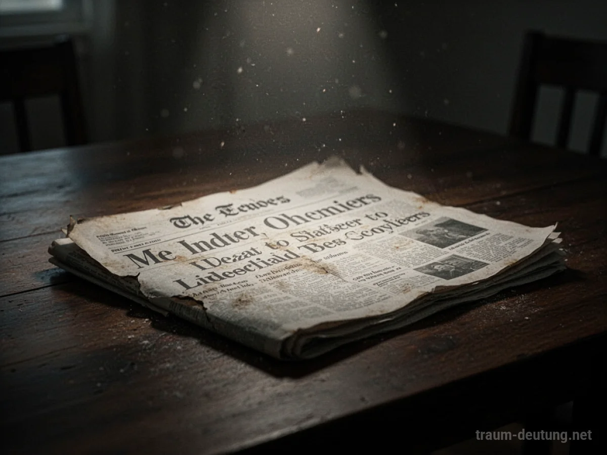 Traumsymbol Zeitung: Eine geöffnete, leicht zerknitterte Zeitung liegt auf einem dunklen Holztisch im Schein eines einzelnen Lichtstrahls.