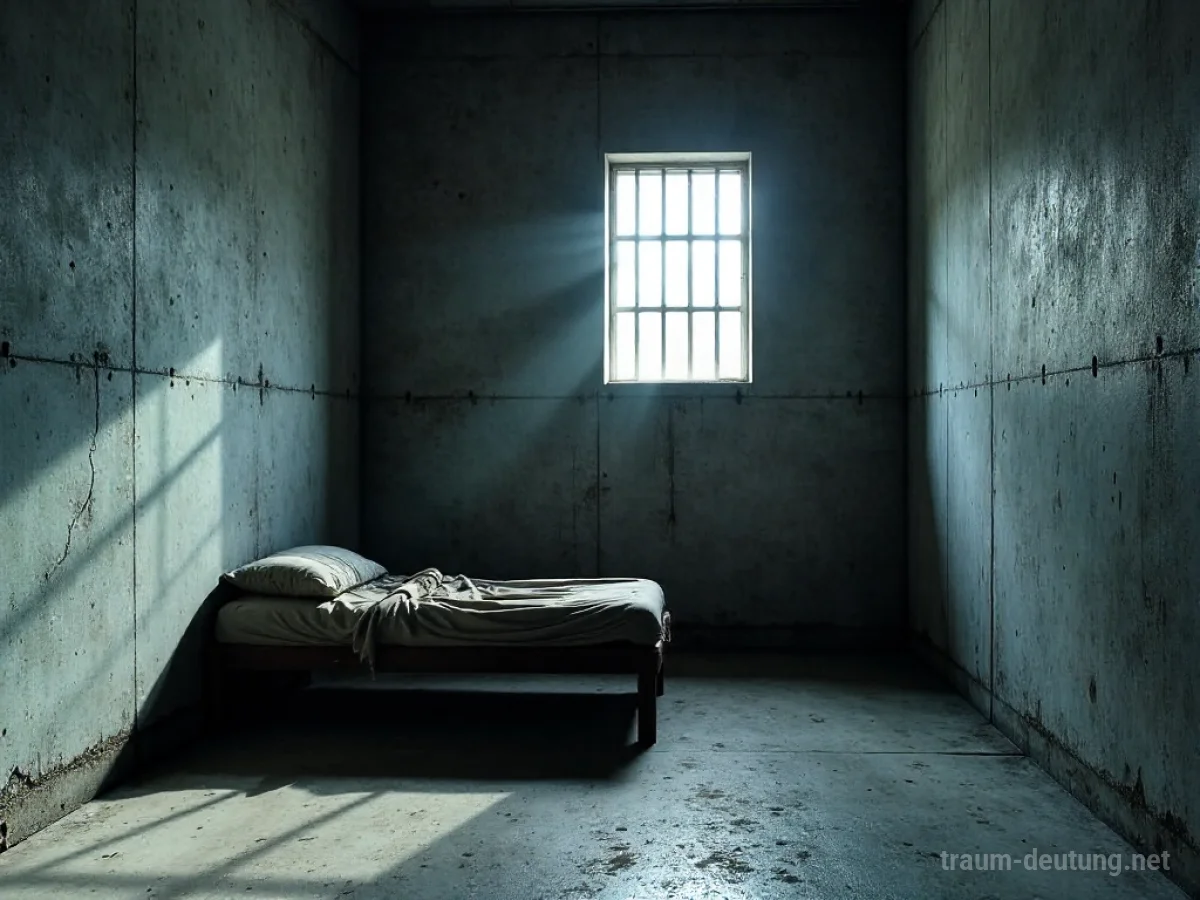 Traumdeutung Zelle: Eine einsame Gefängniszelle mit Betonwänden, einem schmalen Fenster mit Mondlicht und einem einfachen Bett.