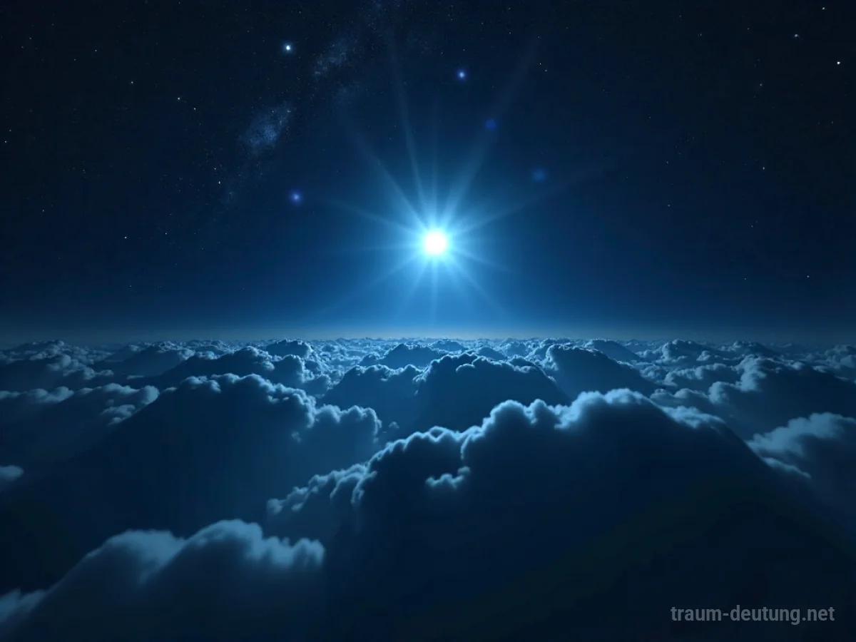 Traumsymbol Zenit: Ein einzelner, strahlender Lichtpunkt am höchsten Punkt eines dunklen, sternenübersäten Nachthimmels, umgeben von feinen Wolkenfetzen.