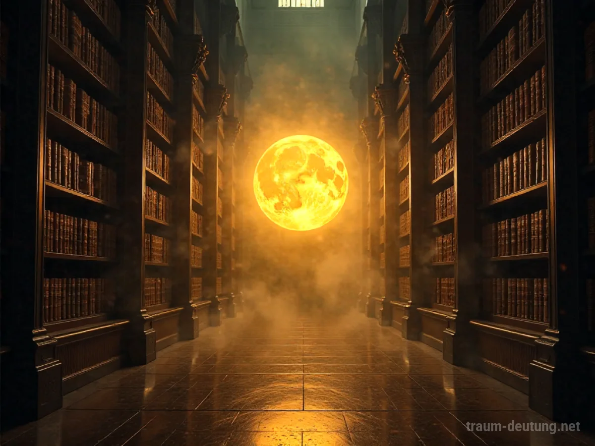Traumsymbol Zentrum: Ein leuchtender, ätherischer Lichtball schwebt im Zentrum einer weitläufigen, alten Bibliothek, beleuchtet von sanften Strahlen.