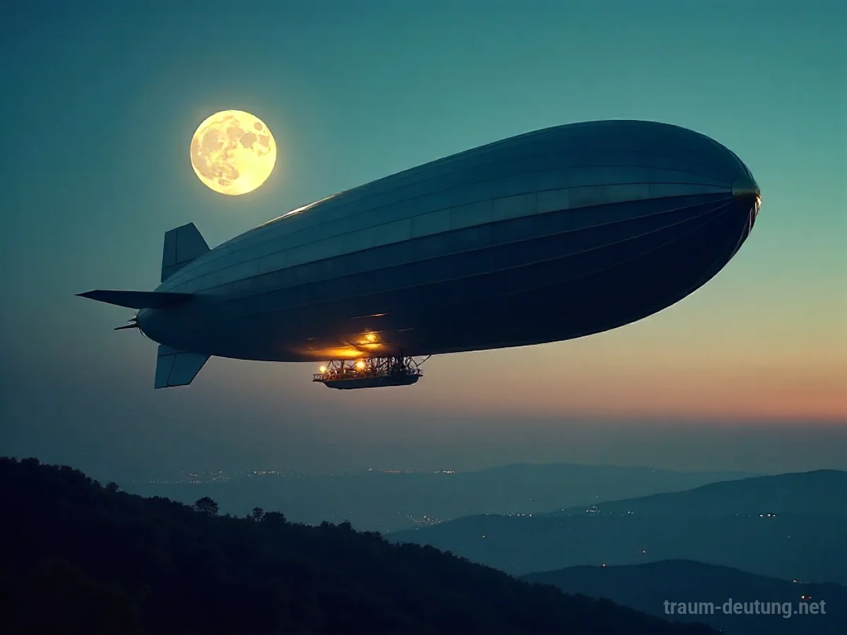 Traumsymbol Zeppelin: Ein majestätischer, alter Zeppelin schwebt friedlich im Abendhimmel bei Mondlicht über einer schlafenden Landschaft.