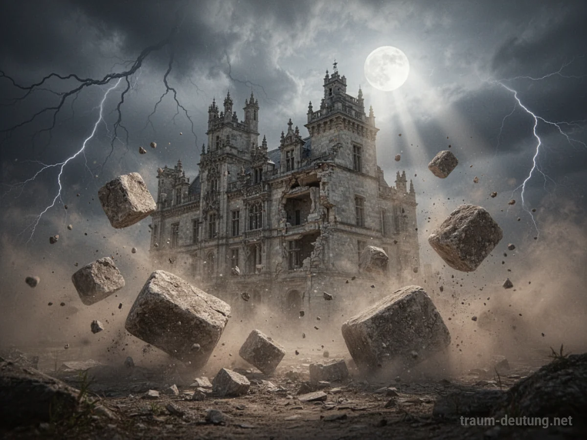 Traumdeutung Zerstörung: Eine zerfallende Burg im Mondlicht, umgeben von Staub und stürmischem Himmel, symbolisiert tiefgreifende Umwälzungen.