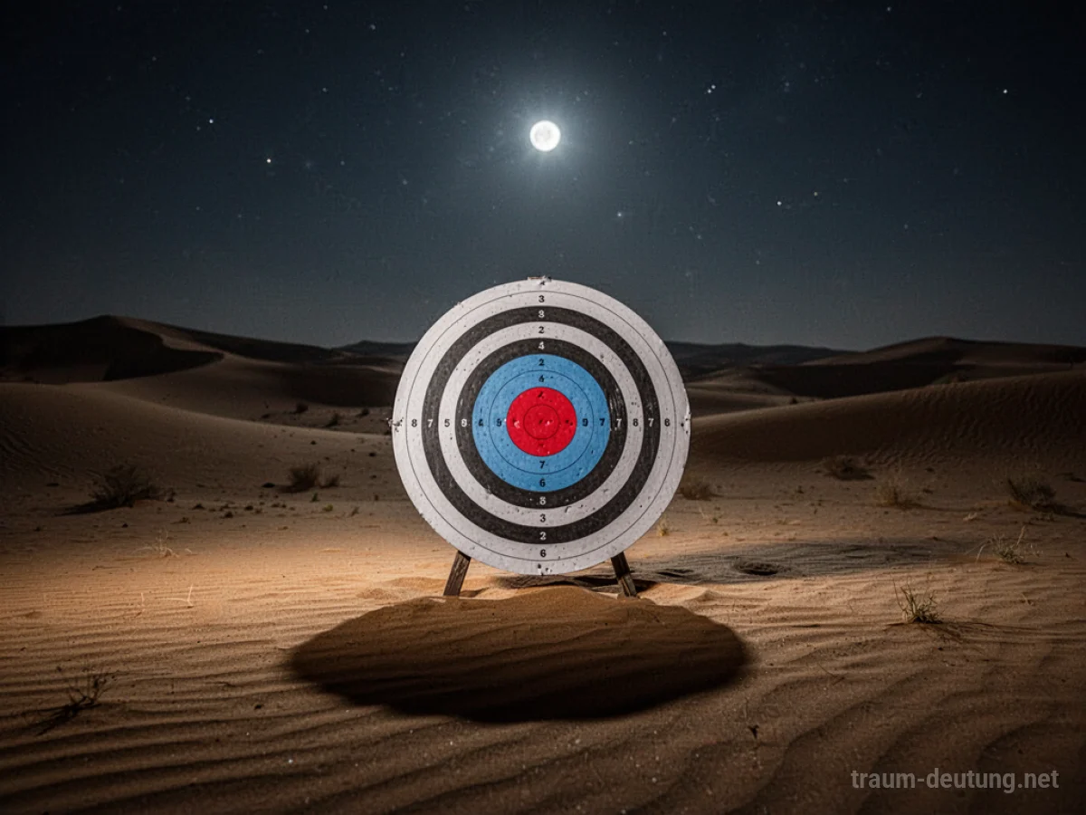 Traumsymbol Ziel: Ein einzelnes, perfekt geformtes Schießscheiben-Ziel liegt in einer weiten, schwach beleuchteten Wüstenlandschaft unter Mondlicht.