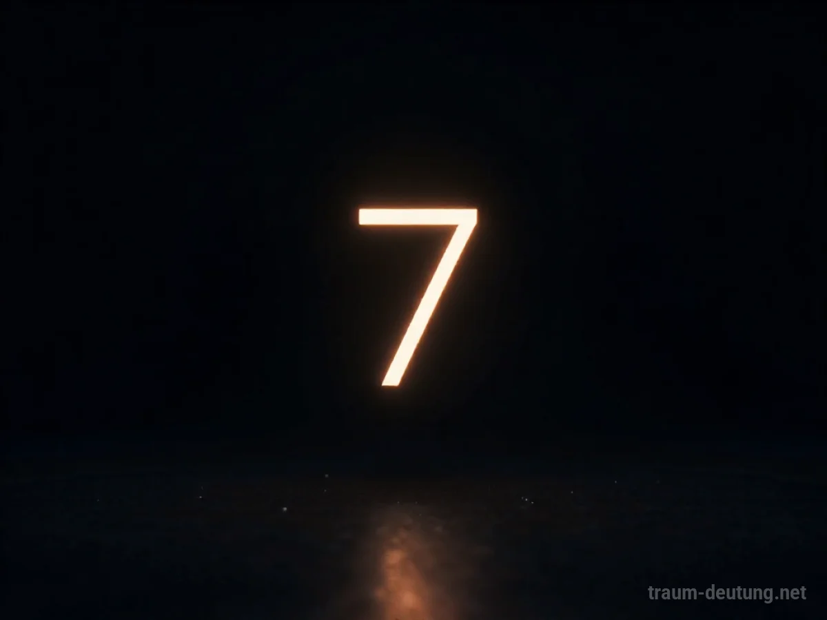 Traumsymbol Ziffer: Eine einzelne, leuchtende digitale Ziffer '7' schwebt in einem tiefschwarzen Nichts, beleuchtet von ihrem eigenen sanften Schein.