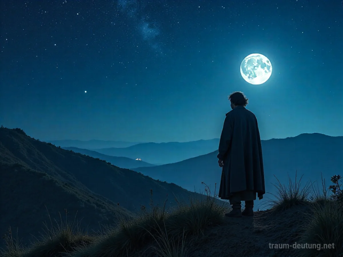Traumsymbol Zigeuner: Ein weiser Romani Mann steht einsam unter einem sternenklaren Nachthimmel, beleuchtet von Mondlicht, mit einer mystischen Atmosphäre.