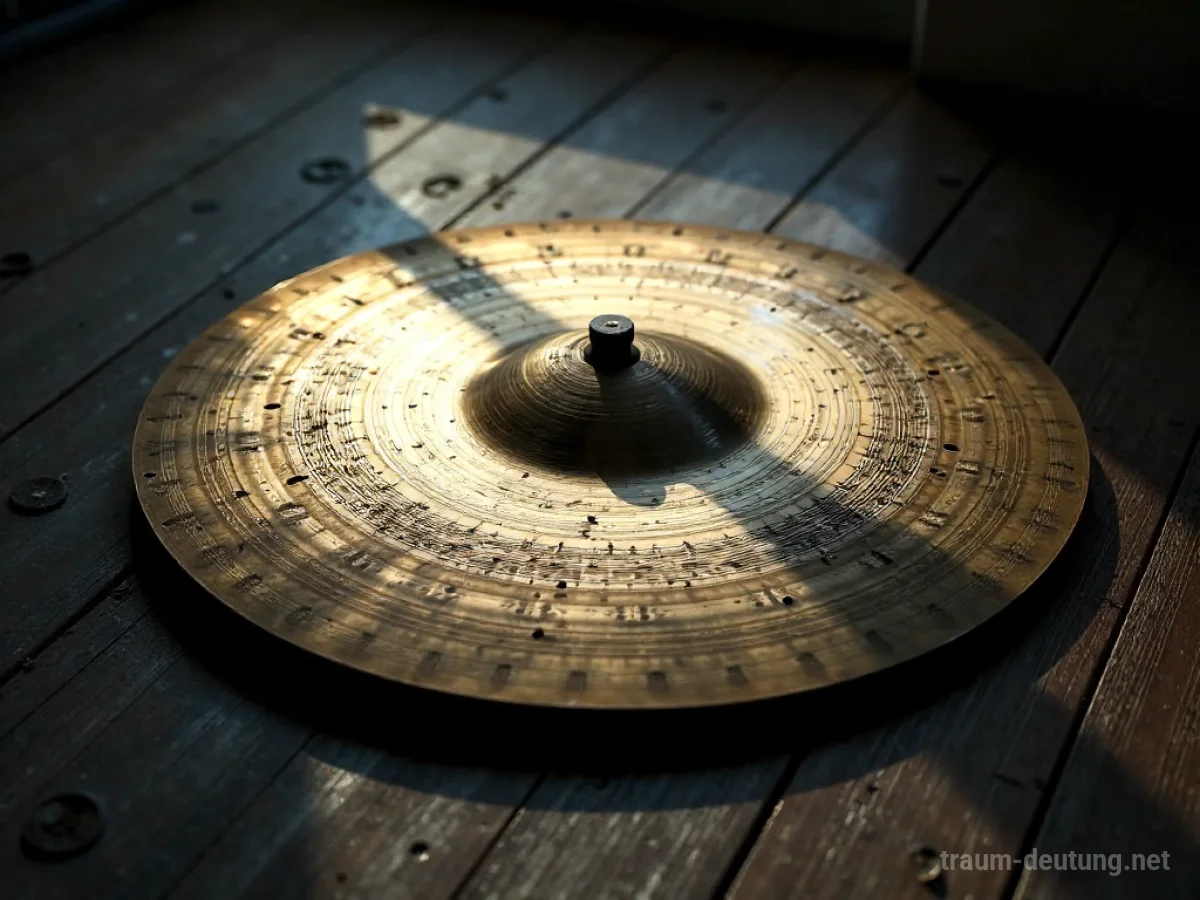 Traumsymbol Zimbel: Eine antike Messing-Zimbel liegt auf dunklem Holz, beleuchtet von sanftem Mondlicht, das Staub und Gravuren hervorhebt.
