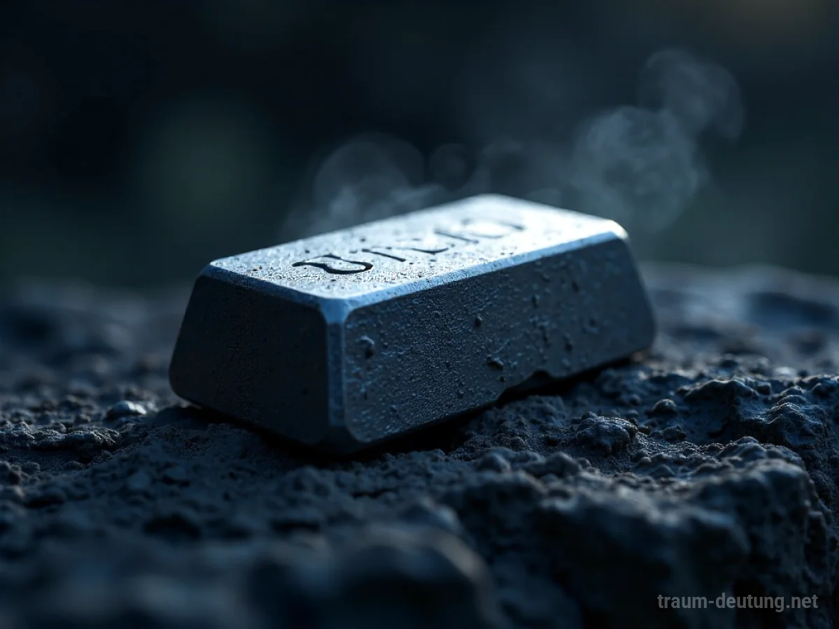 Traumsymbol Zink: Ein metallischer Zinkbarren liegt auf dunklem Stein im kühlen Mondlicht, umgeben von leichter Nebelschwaden.