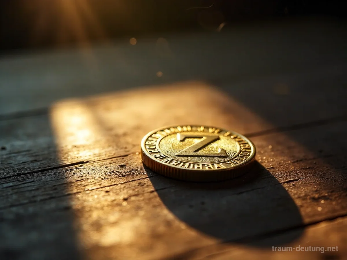 Traumsymbol Zins: Eine antike goldene Münze mit einem geprägten 'Z' liegt auf dunklem Holz, beleuchtet von warmem Licht und langen Schatten.