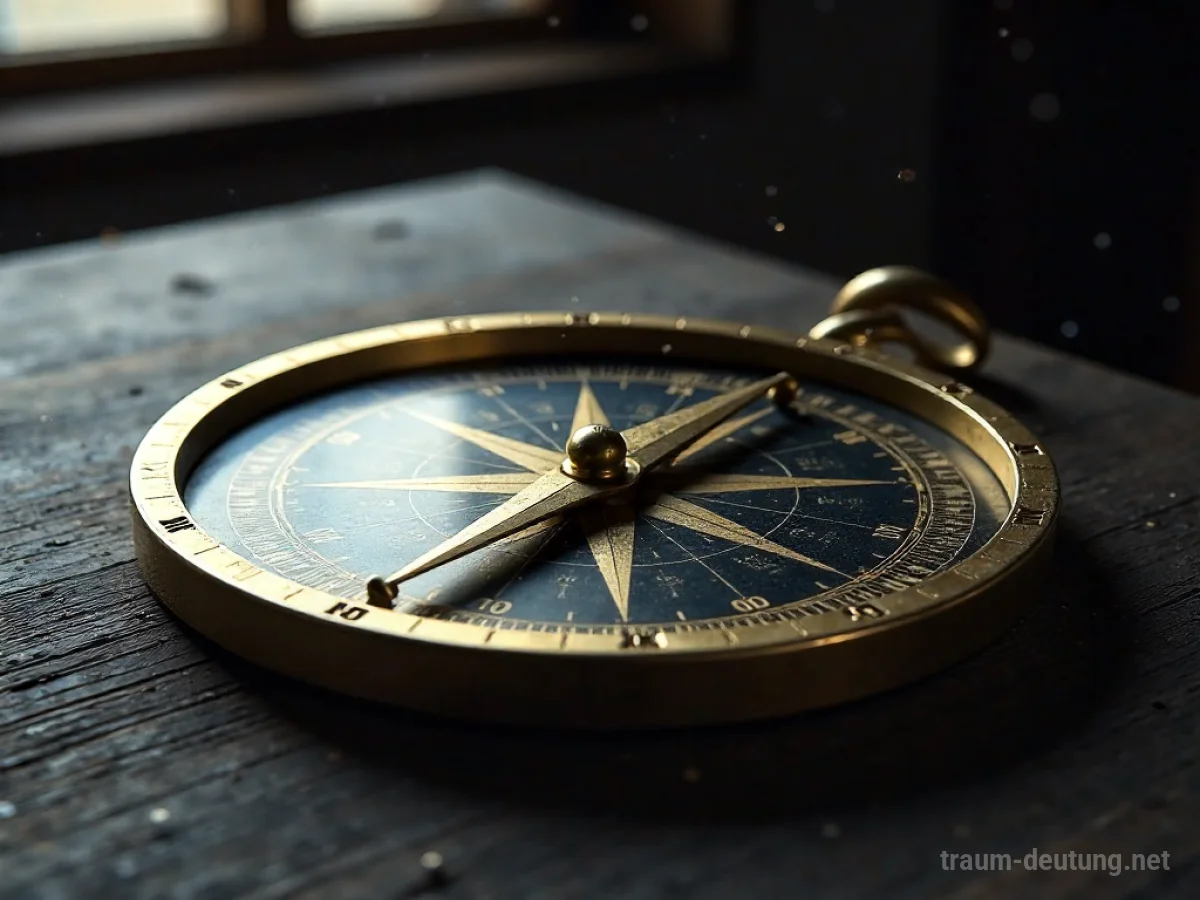 Traumsymbol Zirkel: Ein detaillierter, offen liegender Messingzirkel mit Gravuren auf einem dunklen Holztisch, beleuchtet von Mondlicht.