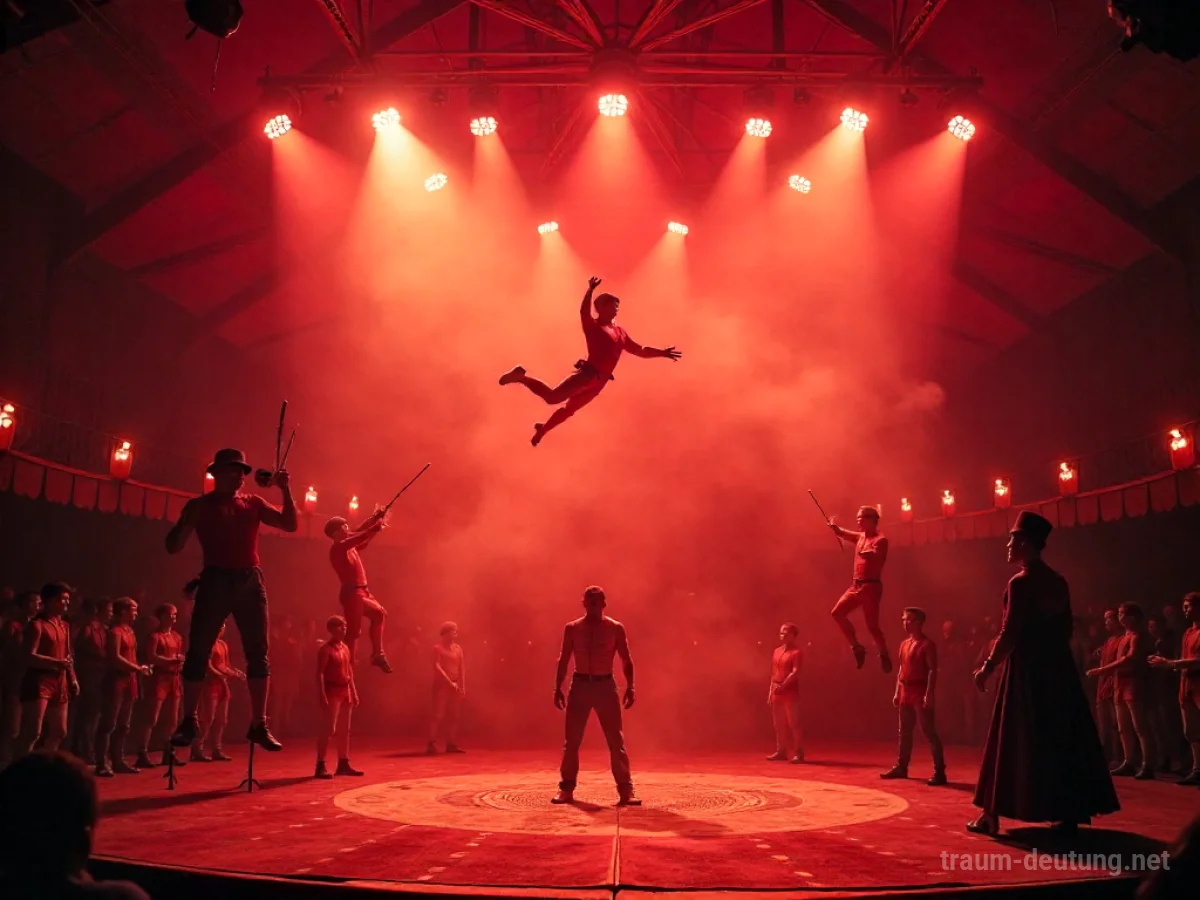 Traumdeutung Zirkus: Innenansicht eines lebendigen Zirkuszelts mit Artisten in Aktion und dramatischem Scheinwerferlicht.